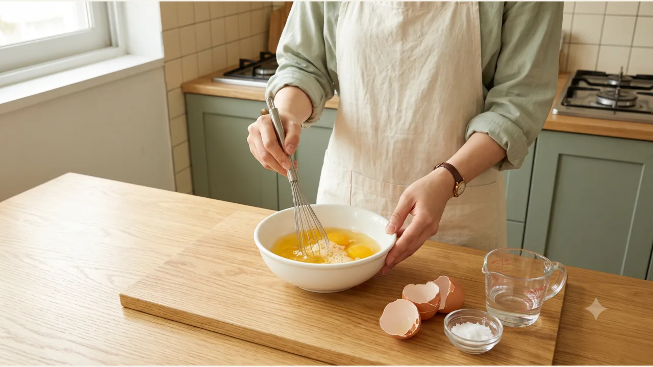 Eggs and water being whisked together in a white bowl