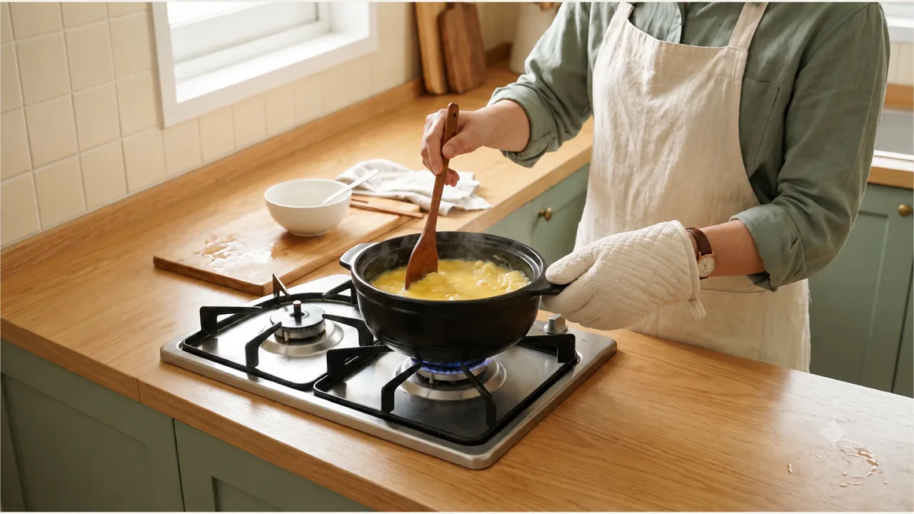 Holding the ttukbaegi with an oven mitt and stirring the egg mixture with a wooden spatula