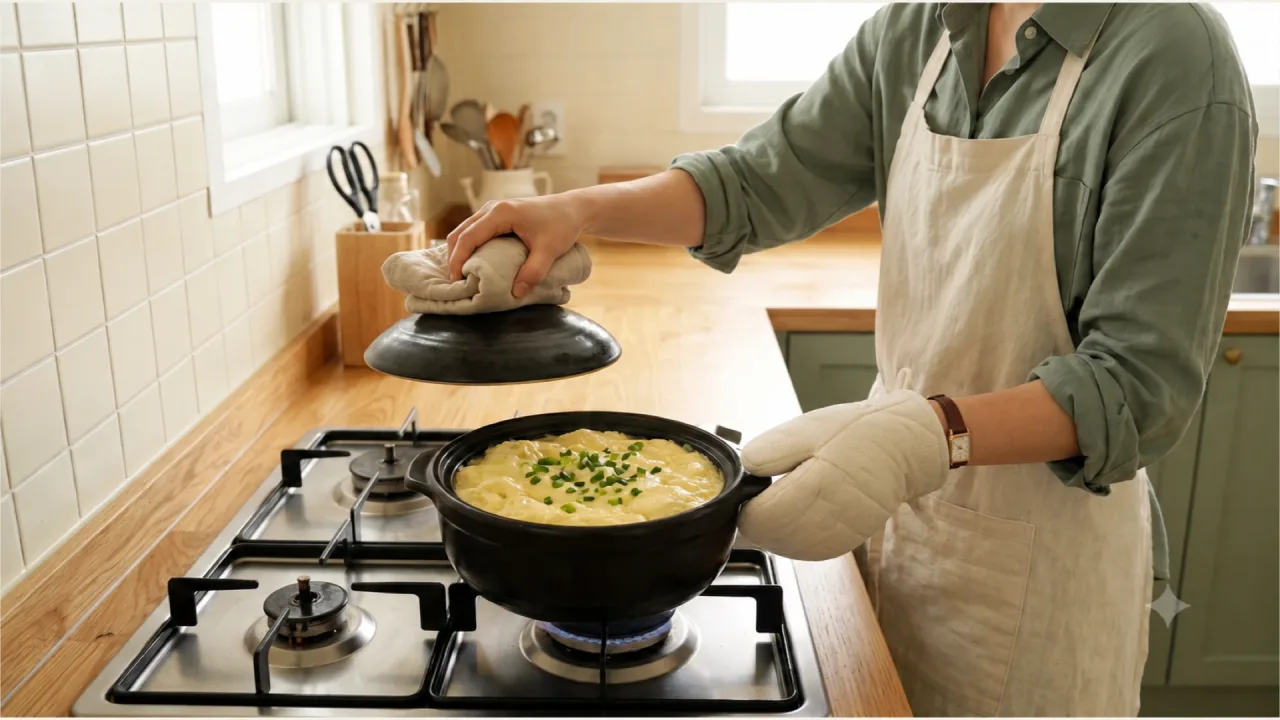 Holding the ttukbaegi with an oven mitt and covering the steamed egg topped with chives