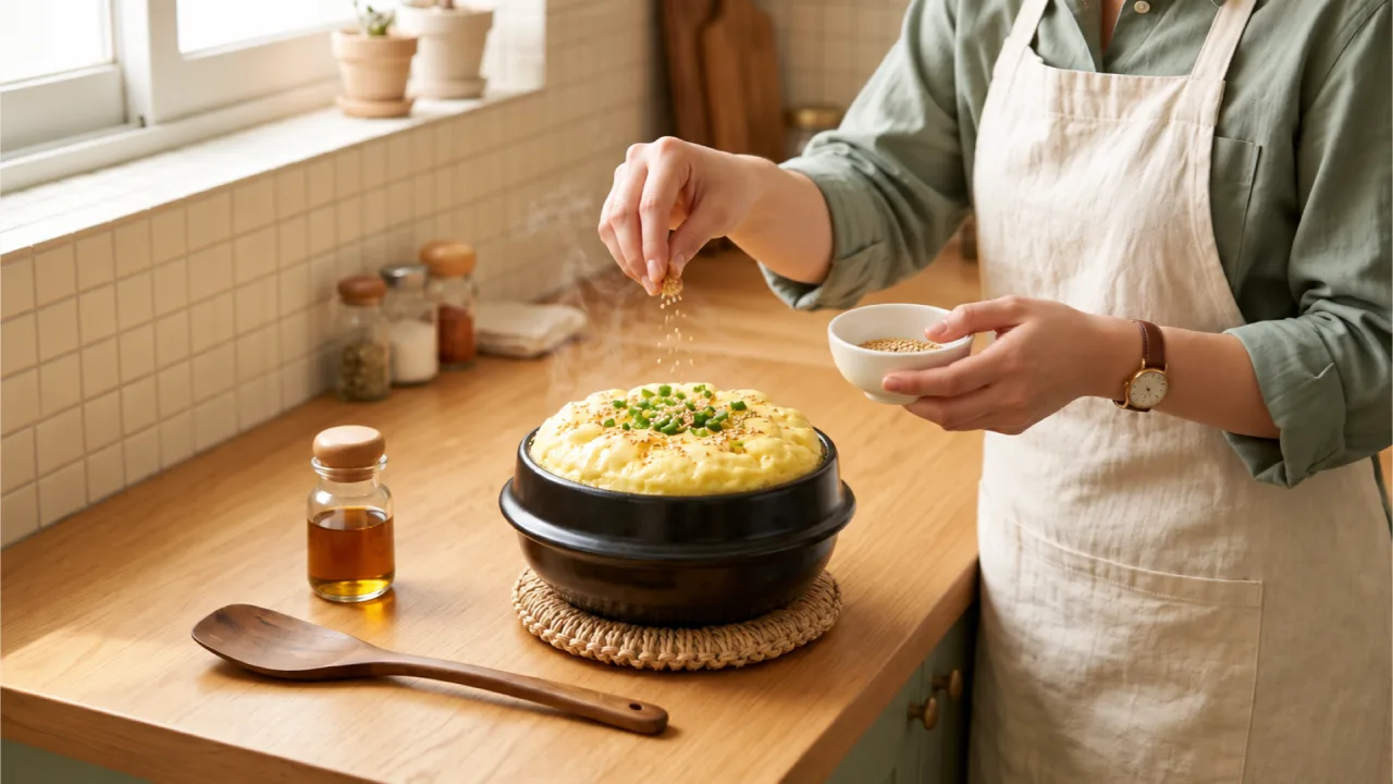 Sprinkling sesame seeds over the steamed egg sitting on a trivet