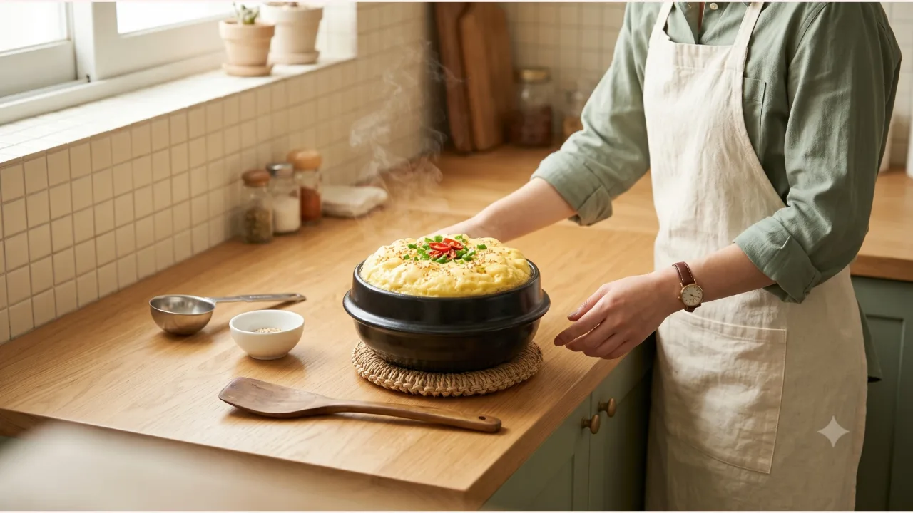 A ttukbaegi of steamed eggs topped with chives and sesame on an oak counter, with a woman in a sage shirt standing beside it