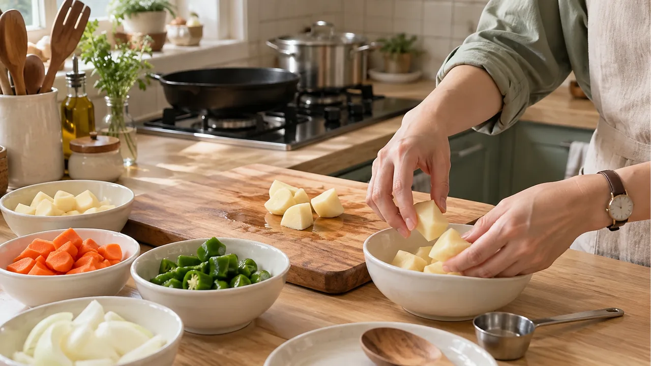 Diced potatoes and chunky-cut carrot, green chili peppers, and onion set out separately on an oak cutting board