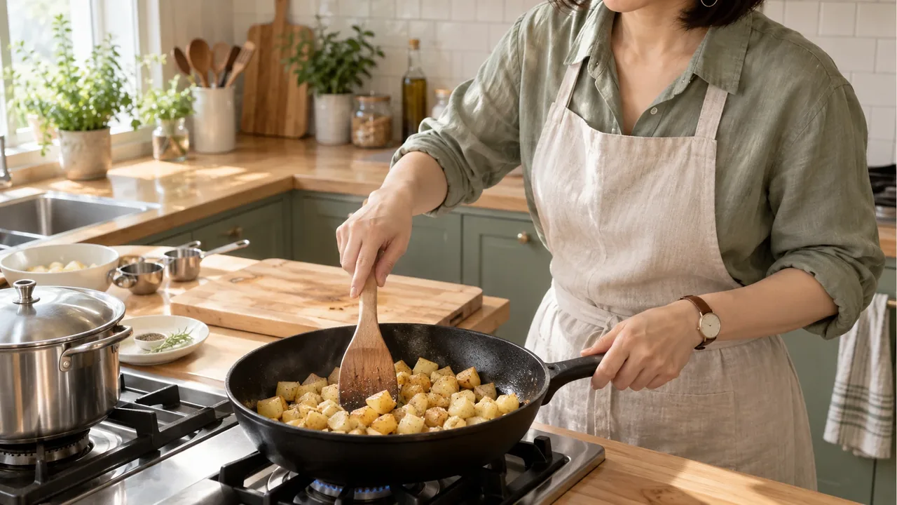 Diced potatoes being stir-fried with a wooden spatula in a black pan