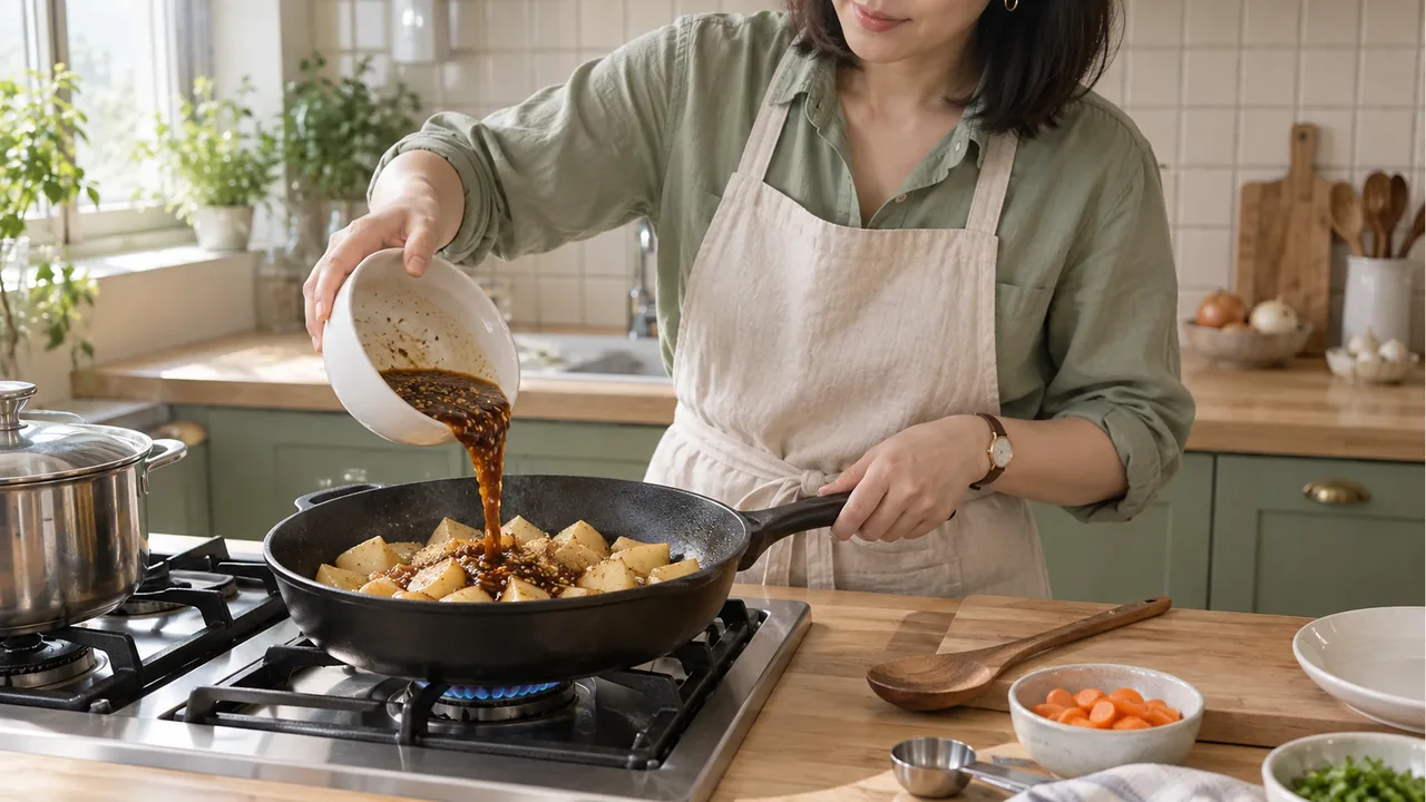 Sauce from a white bowl being poured into a pan of potatoes