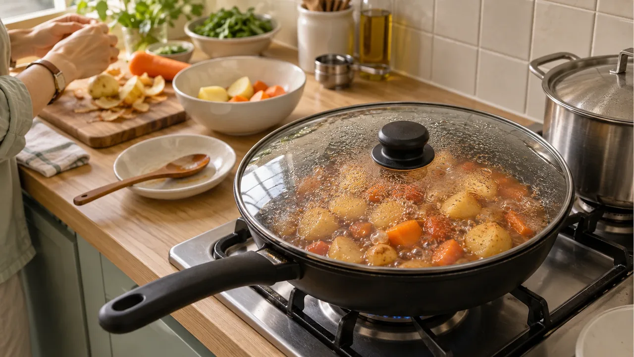 Gamja-jorim cooking in a covered pan
