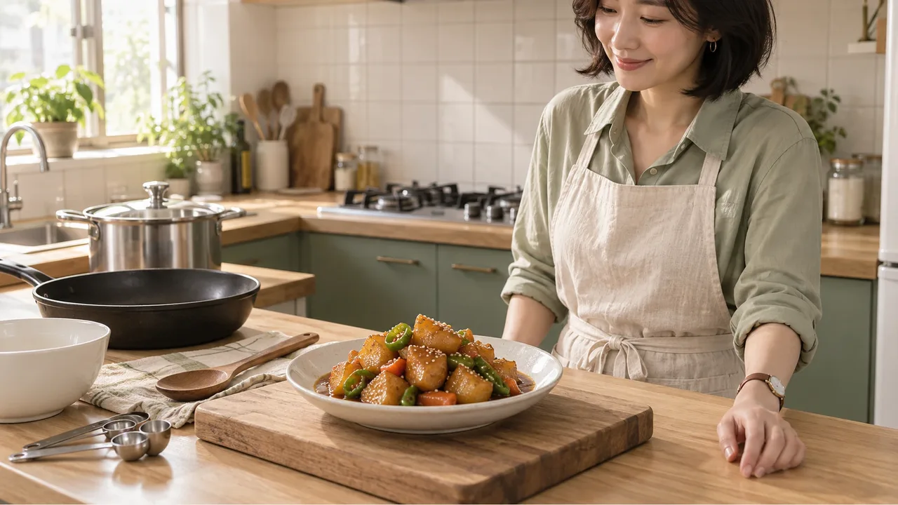 A white plate of glossy soy-braised potatoes on an oak cutting board, with a smiling woman in a sage shirt and cream apron beside it