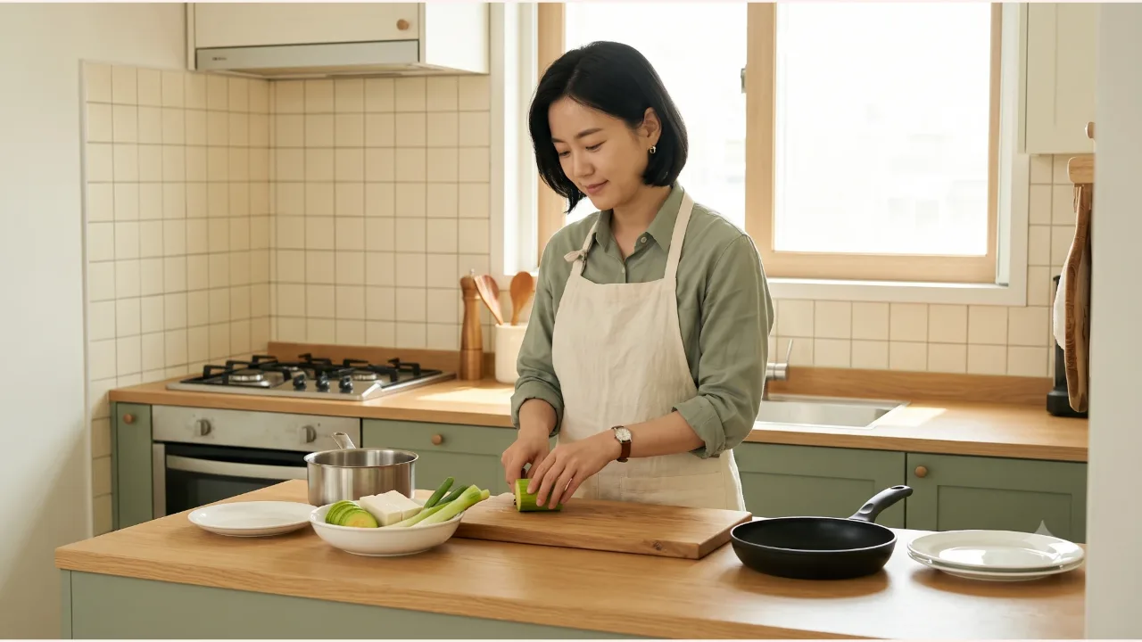 세이지색 셔츠와 크림 앞치마를 입은 여성이 애호박, 두부, 대파를 준비하는 밝은 오크 주방