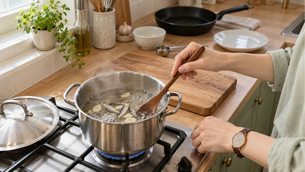 Anchovies and garlic simmering for broth in a stainless steel pot without a lid