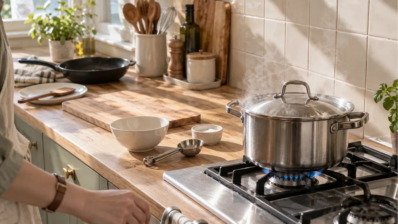 Steam rising from a covered stainless steel pot, with a measuring spoon and a small dish of salt beside it