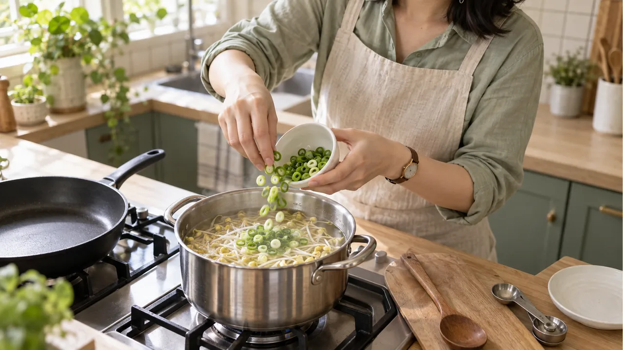 Sliced green onion being added to the soup with soybean sprouts
