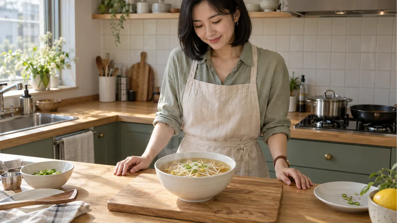 A bowl of anchovy kongnamul-guk topped with sliced green onion on an oak cutting board, with a woman in a sage shirt and cream apron looking down at it