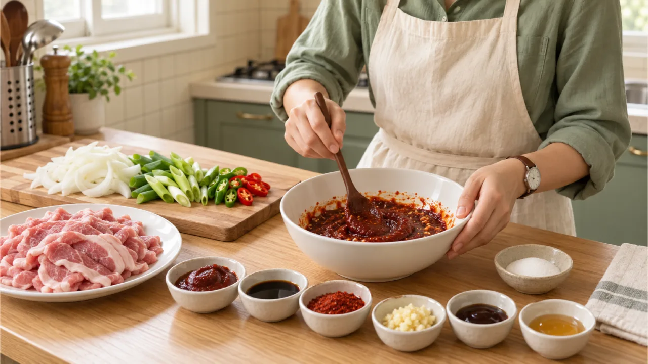 Raw pork and prepared vegetables set apart while a red seasoning sauce is mixed