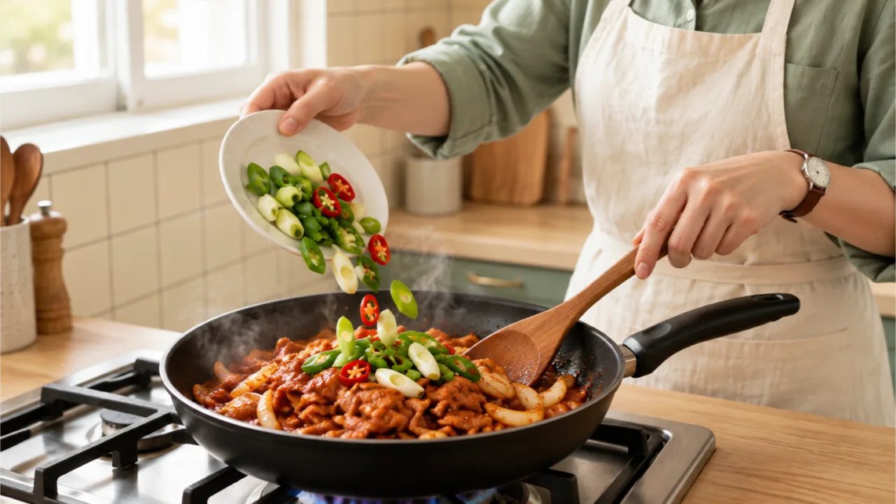 Sliced green onion and chili peppers added to the pan with the onion and pork