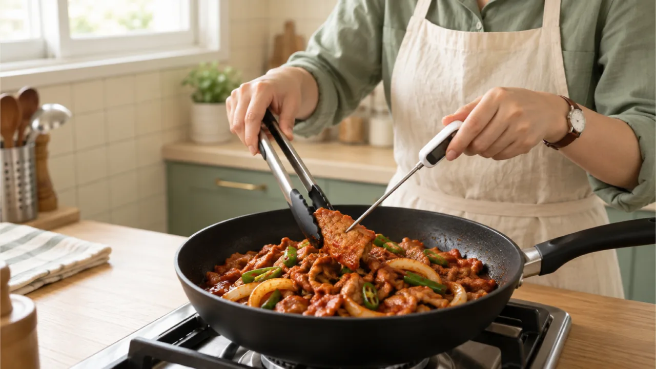 Holding the meat with tongs and checking the doneness of the jeyuk-bokkeum with a probe thermometer