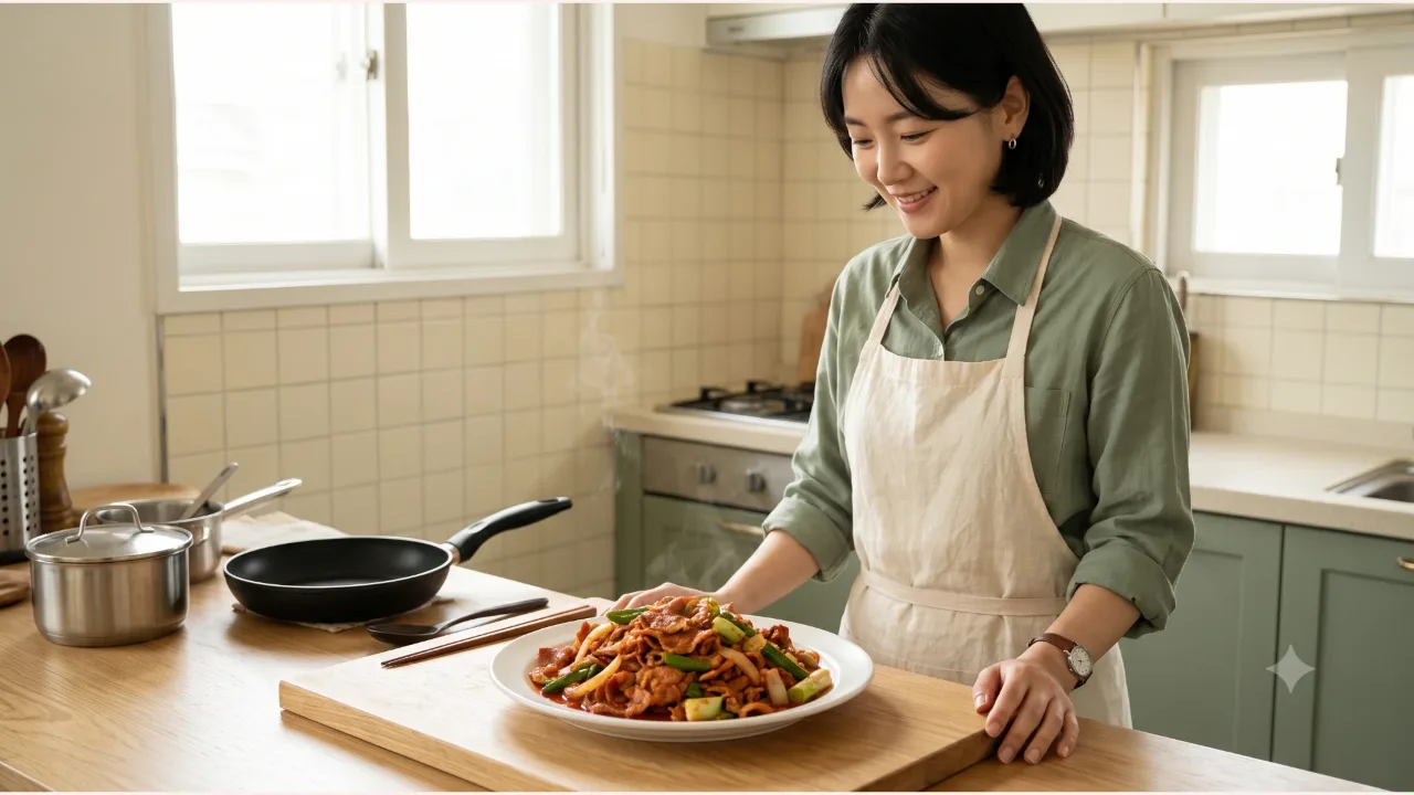 A kitchen where a woman in a sage shirt and cream apron looks at a plate of jeyuk-bokkeum on an oak counter
