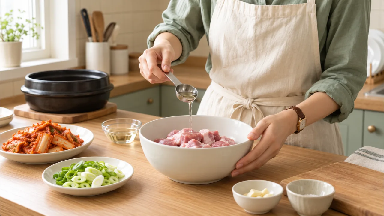 Kimchi and green onion prepared separately while cooking wine is added to pork in a white bowl