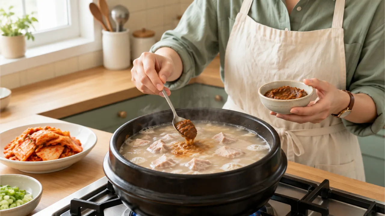 Doenjang being dissolved into a pot of pork boiling in rice-rinse water
