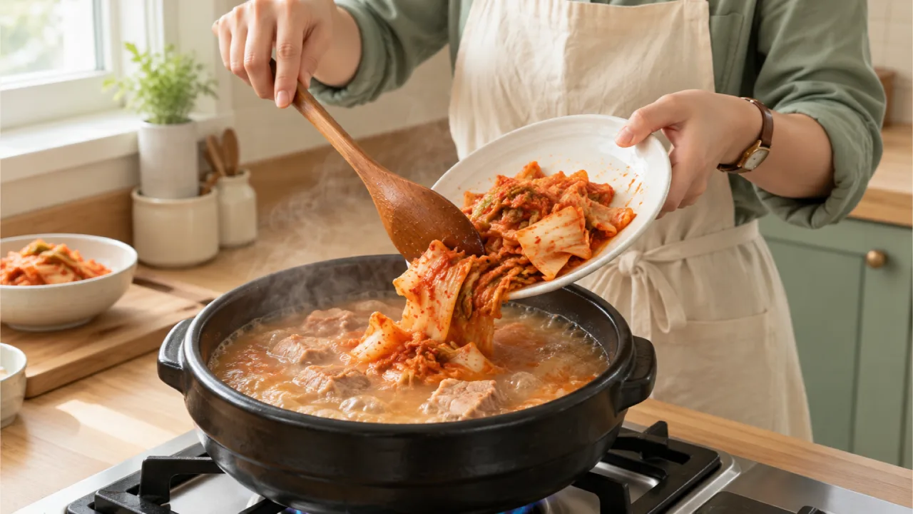 Chopped napa cabbage kimchi being added to the broth with boiling pork