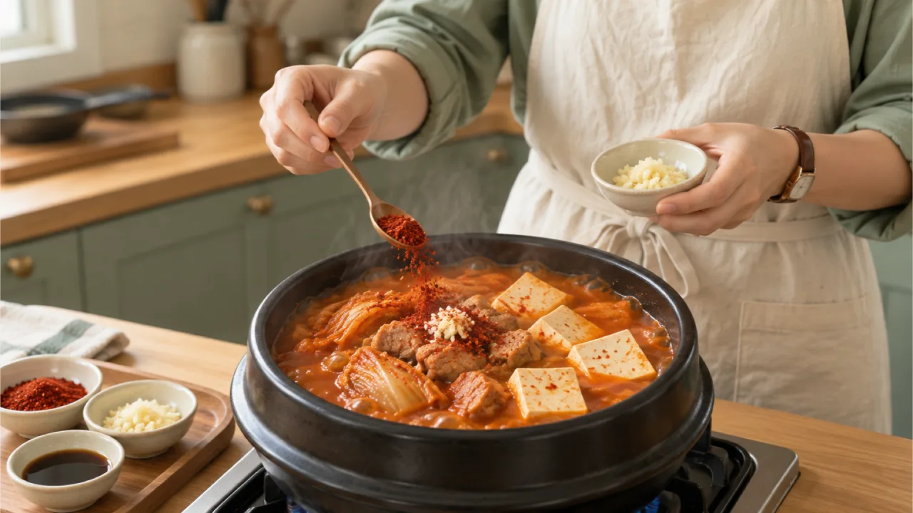 Gochugaru and minced garlic being added to a pot of simmering kimchi, pork, and tofu