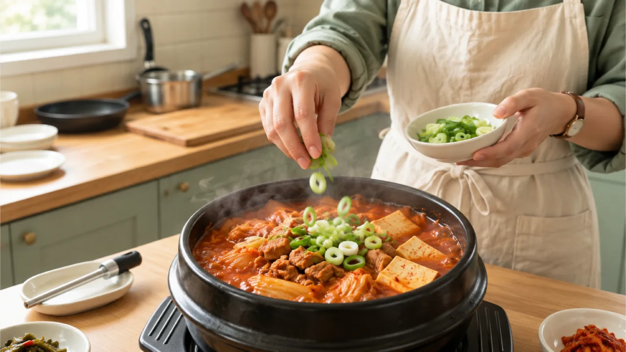 Green onion added to finish the stew of cooked pork, kimchi, and tofu