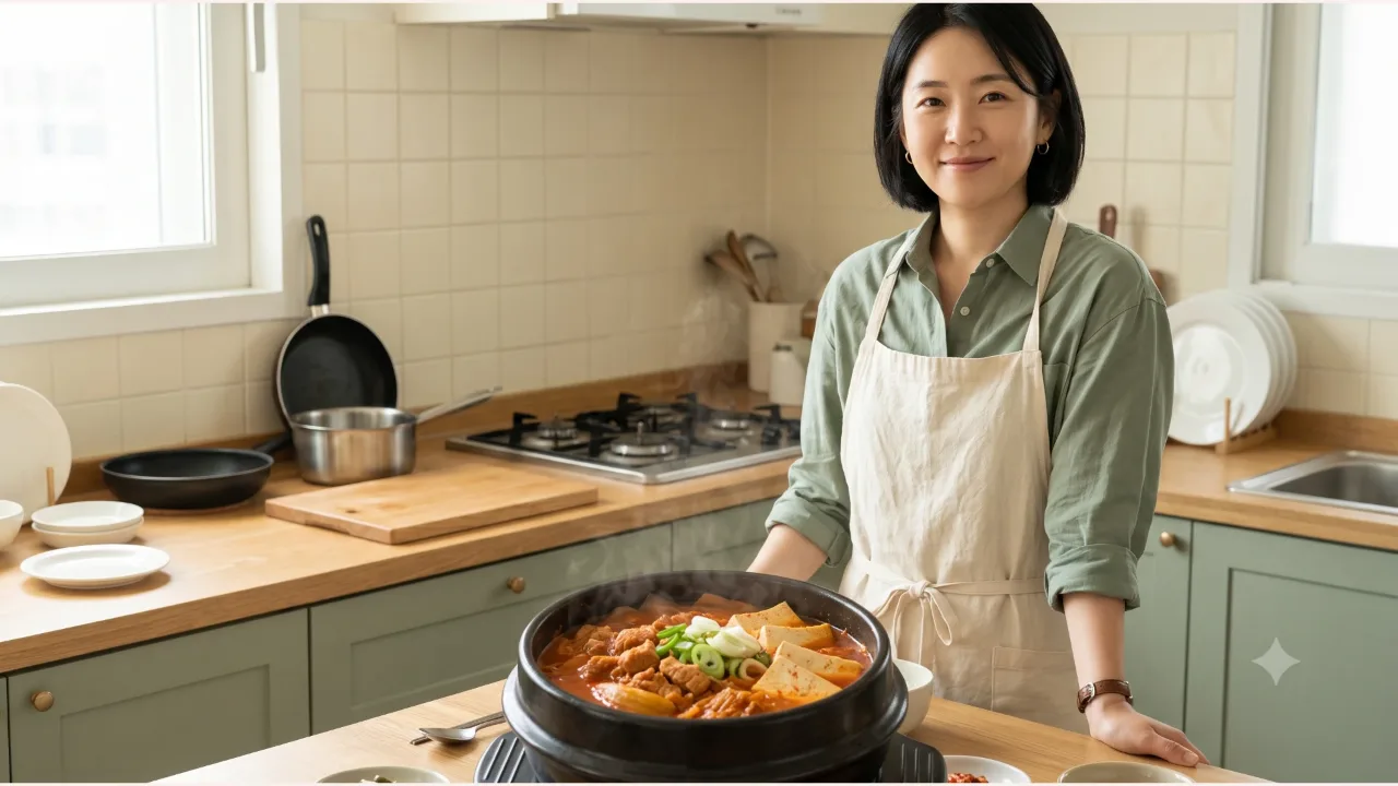 A woman in a sage shirt next to a black earthenware pot of kimchi jjigae with tofu, pork, and green onion