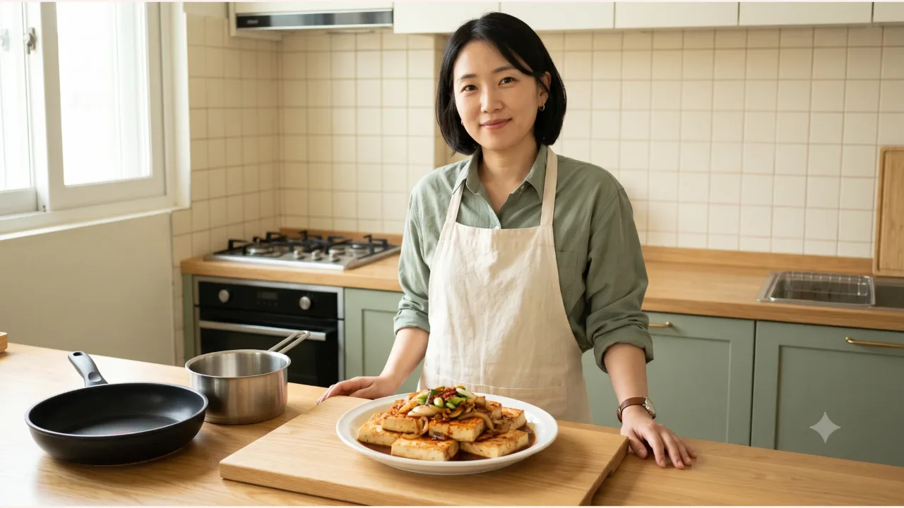 노릇하게 부친 두부조림과 양파, 대파가 담긴 흰 접시 뒤에 크림 앞치마를 입은 여성이 서 있는 주방