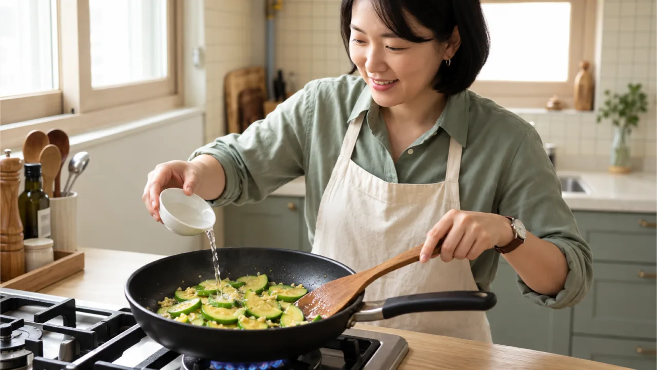 볶는 애호박에 작은 종지의 물을 붓는 모습