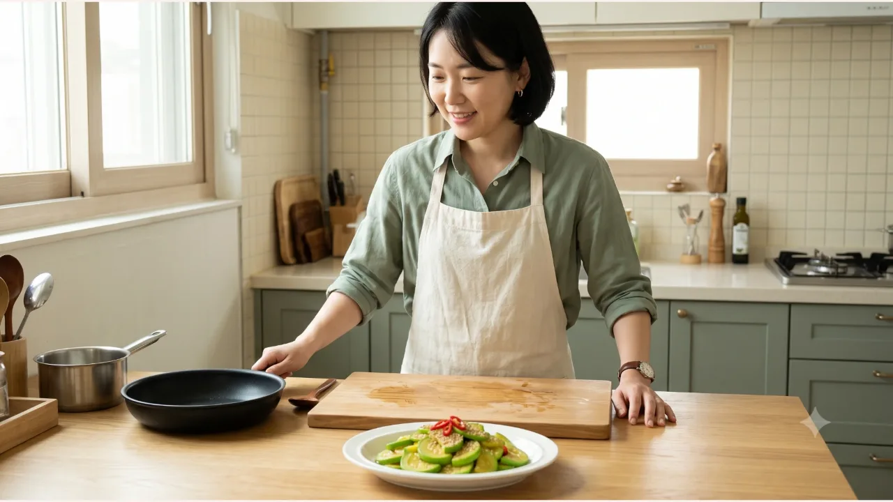 홍고추와 깨를 올린 애호박볶음이 흰 접시에 담겨 있고 검정 프라이팬과 앞치마를 입은 여성이 보이는 주방